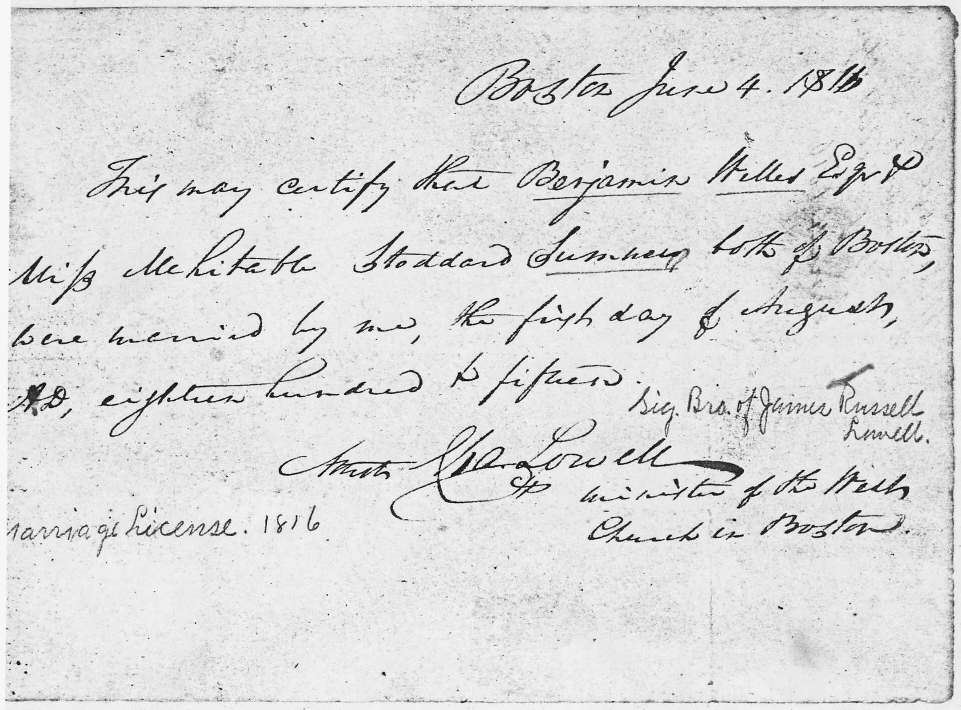 Scope and content: Marriage license signed by Charles Lowell. Note on the license says this is the brother of James Russell Lowell. How to read Davidson County marriage records for a timeline