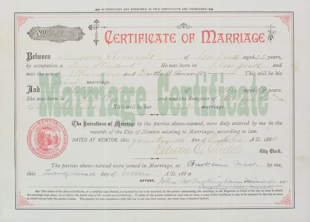 Certificate of marriage of Theodore Roosevelt and Alice H. Lee; Newton, October 14, 1880. MS Am 1541.9 (119), Alice Roosevelt Longworth family papers, 1878-1918 , Theodore Roosevelt Collection, Houghton Library, Harvard College Library. How marriage records are verified for a couple's timeline